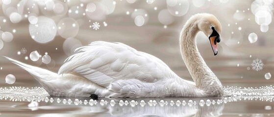 Obraz premium A white swan floats atop a lake beside a snow-covered forest, surrounded by falling snowflakes