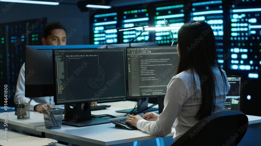 Poster engineer using augmented reality tech in data center, installing software, troubleshooting issues. i