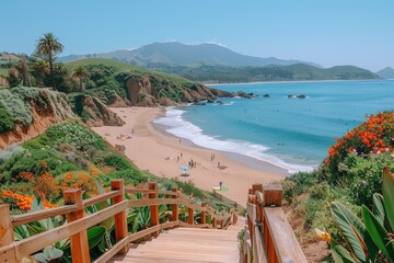 Naklejka premium Wooden Stairs Leading to a Beach with Blue Water, Sandy Shore, and Green Hills in the Distance