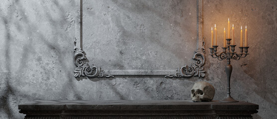 Gothic Halloween Showroom: Eerie Empty Space with Skull, Candelabra, and Ornate Frame for a Spooky Atmosphere