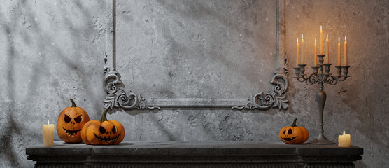 Spooky Halloween Showroom: Eerie Empty Space with Carved Pumpkins, Lit Candles, and Ornate Frame for a Haunting Atmosphere