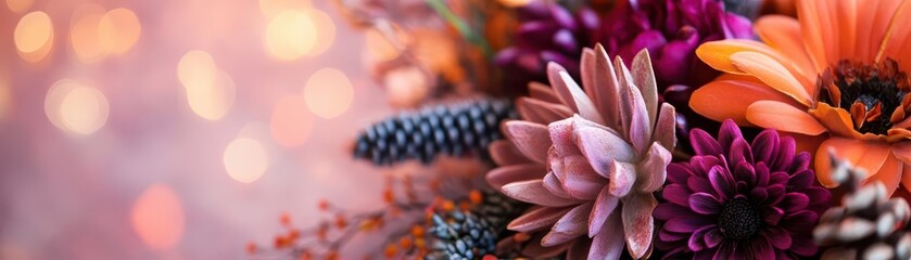 Thanksgiving centerpiece, vibrant colors, creative process, close-up, inviting