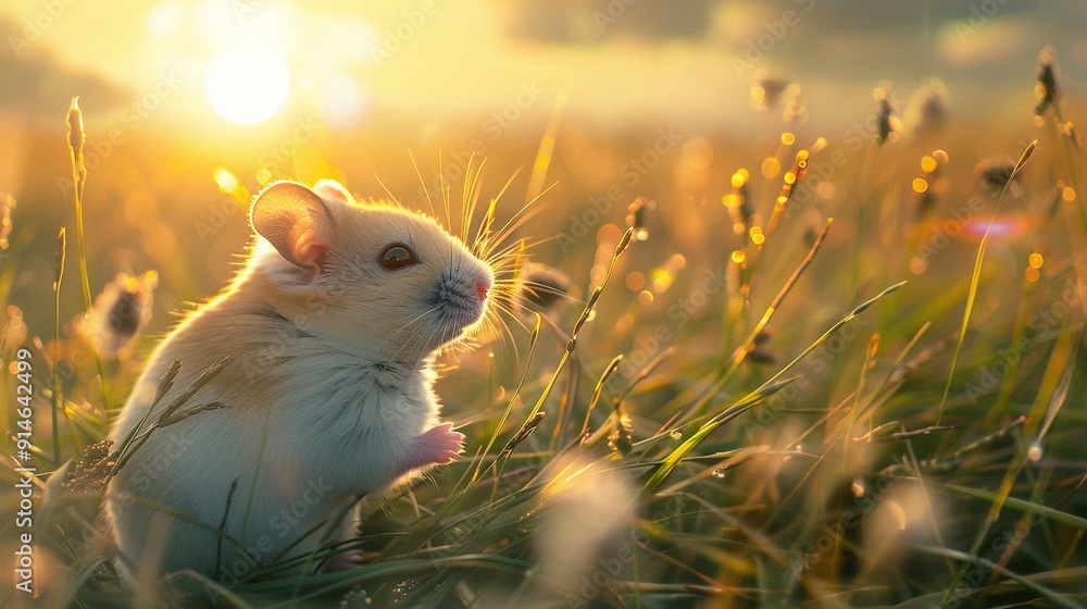 Sticker small white hamster in tall grass under setting sun