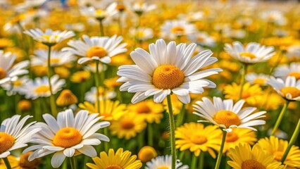 Fototapeta premium Field of vibrant yellow and white daisies in full bloom , spring, flowers, nature, meadow, sunny, petals, outdoor