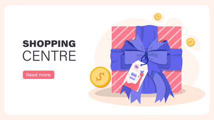Shopping gift poster. Pink gift box with blue bow. Special offer for regular customers. Discounts and promotions. Prsent and award. Landing page design. Flat vector illustration