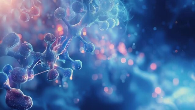 A detailed image of molecules illuminated in fluorescent blue and pink light, creating a vibrant and almost ethereal effect. The visual evokes a sense of scientific discovery and the intricate beauty