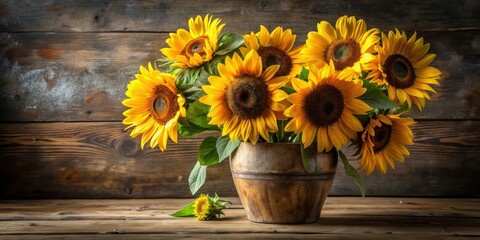 Obraz premium Still life arrangement of bright sunflowers in a rustic vase on a wooden table , sunflowers, still life, vibrant, yellow, rustic