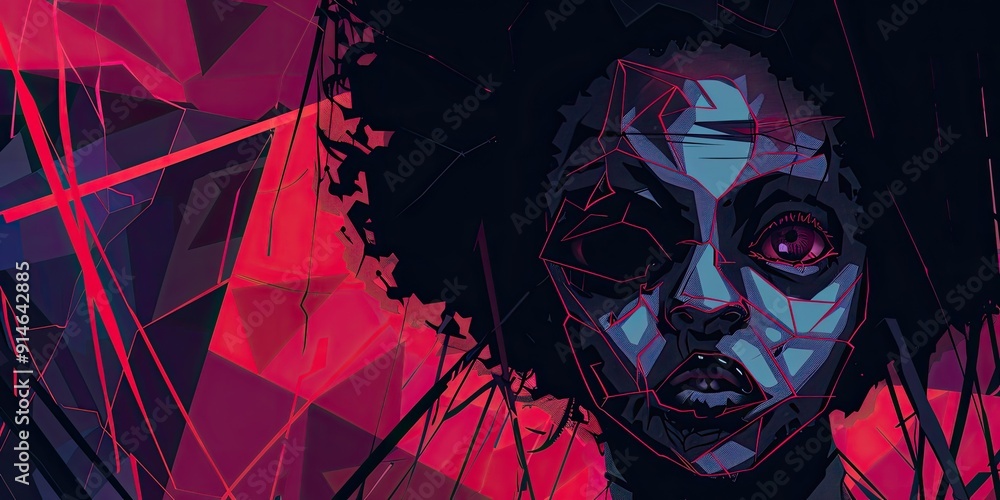 Poster abstract portrait with geometric patterns.