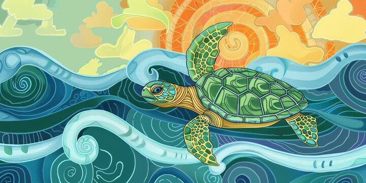 A green sea turtle swims through swirling blue waves.