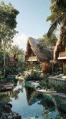 Fototapeta premium Wooden bungalows are set beside a tranquil pool, surrounded by lush greenery and tropical plants under a bright blue sky