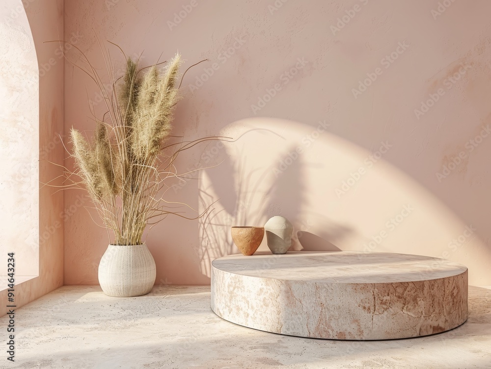 Poster Modern Minimalist Peach Podium - Abstract 3D Rendering with Elegant Design and Clean Lines