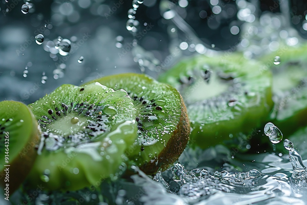 Poster close-up of a kiwi sliced in half with water splashing on both sides