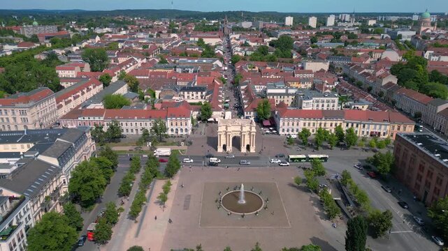 potsdam center Luisenplatz Fountain square. Amazing aerial view flight drone