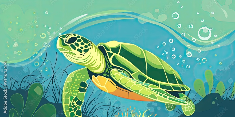 Sticker green sea turtle swims through turquoise water.