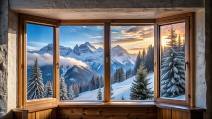 Snowy mountain view from a cozy room window, snow, mountain, view, room, window, winter, cold, landscape, cabin, cozy