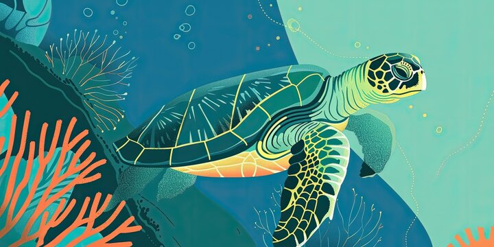 Sea turtle swimming with coral and seaweed.