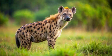 Sleek and powerful hyena with spotted fur in natural habitat, wildlife, predator, Africa, carnivore, mammal © sawaratch