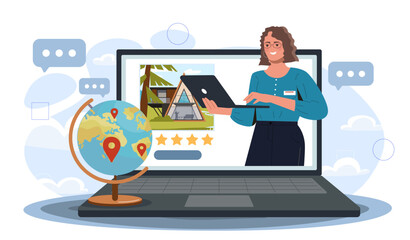 Tourism expert woman. Young girl on laptop screen near globe. Travel and tourism, holiday and vacation. Tour agency agent choose destination. Flat vector illustration isolated on white background