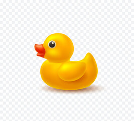 Duck isolated on transparent background. Yellow bath baby rubber toy. Vector 3d bathtub kid game element template