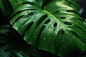   Green leaf close-up with water drops on black background