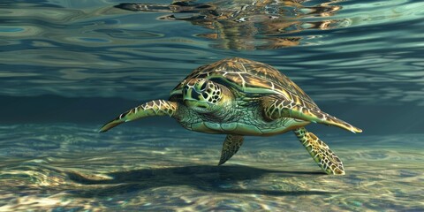 Sea turtle swimming in shallow water.