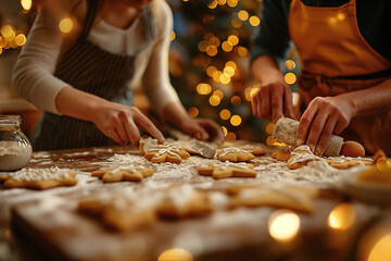 Adults and children bake Christmas cookies in a warmly lit kitchen, filled with holiday decorations and a festive atmosphere