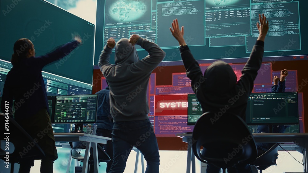Poster pleased proud hackers team jumping around after gaining access into rival government database, feeli