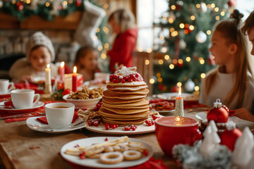 A family gathers around a table for a festive Christmas breakfast, with a stack of pancakes and holiday decorations in a cozy atmosphere