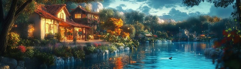 A serene lakeside home surrounded by vibrant nature and soft evening light, perfect for relaxation and peaceful moments.