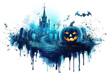 Obraz premium A jack o' lantern sits in front of a church and graveyard in a blue watercolor style. Generated by AI.