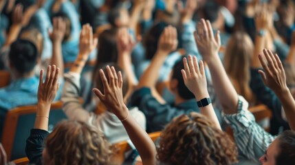In a classroom environment, many individuals are raising their hands and arms, casting votes in a professional education context, with a focus on the indistinct audience.