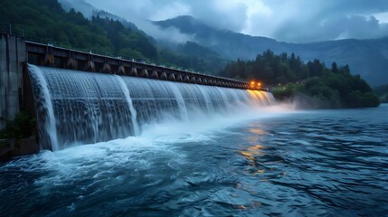 Fototapeta premium A large waterfall is flowing into a body of water