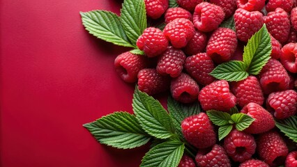 Close-up of red raspberries on red background with green leaves, raspberries, red, close-up, background, green, leaves