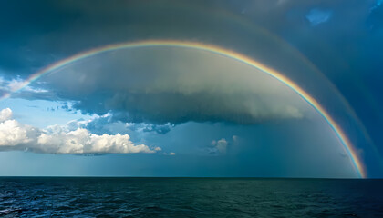 a rainbow over the sea, the tropical Pacific Ocean scenery as sunlight refracts through rainfall. calm before the storm background. 