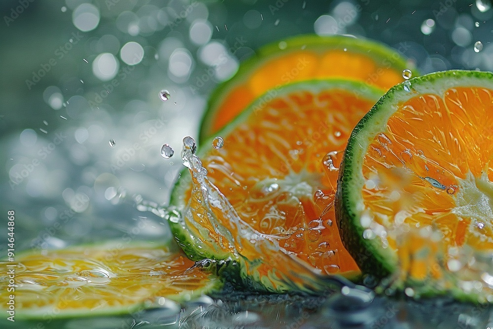 Poster oranges and limes are cut in half with water splashing on them as they sit on top of each other