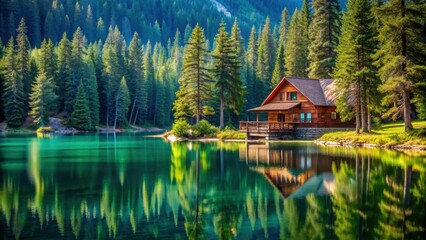 Chalet overlooking crystal lake surrounded by tall pine trees, Chalet, crystal lake, pine trees, nature, tranquil, serene