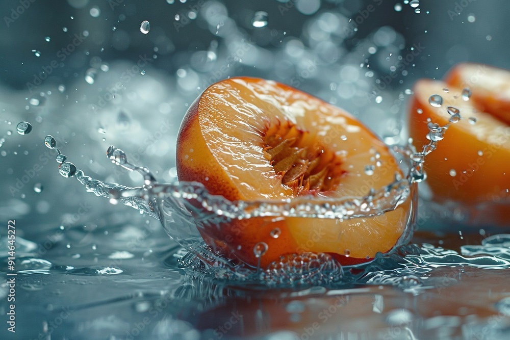 Poster   A close-up of a fruit with water splashing on it, featuring a slice of fruit in the center of the image