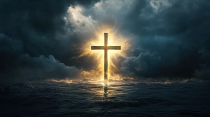 Naklejka premium Cross Illuminated by a Shaft of Light Breaking Through Stormy Clouds Over the Ocean