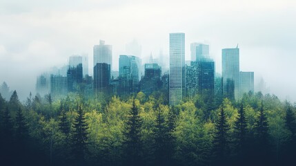 Obraz premium Double Exposure Photograph of a City Skyline Blended with a Forest in Misty Atmosphere