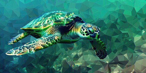 Fototapeta premium Green sea turtle swimming in green water.