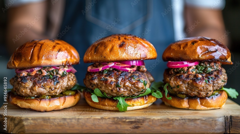 Wall mural   A wooden cutting board holds a group of hamburgers beside a plate of food