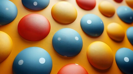 A close up of a bunch of colorful balls with white dots on them