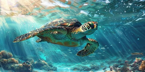 Fototapeta premium Sea turtle swims through turquoise water.