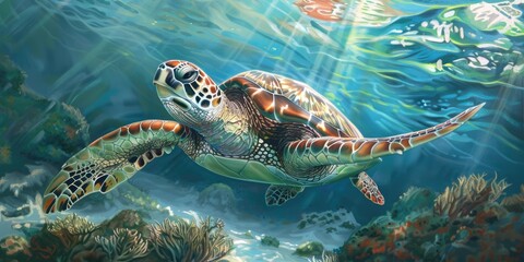 Obraz premium Sea turtle swims through vibrant coral reef.