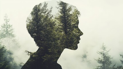 Experimental Double Exposure Image Combining a Silhouette of a Human Profile with a Forest Landscape
