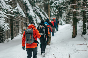A group of hikers in bright winter clothing walk through a serene, snow-covered forest, exploring the winter wilderness
