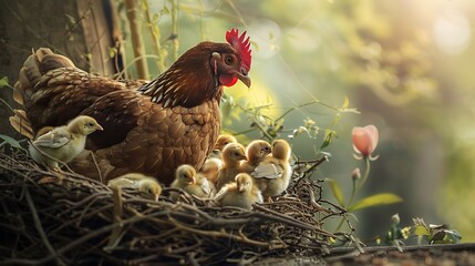 Mother hen with chicks in a natural setting farm animals in serene countryside