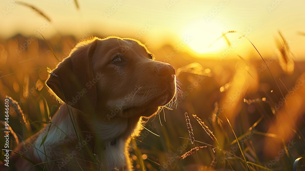 Wall mural   A close-up of a dog in tall grass with the sun setting in the background