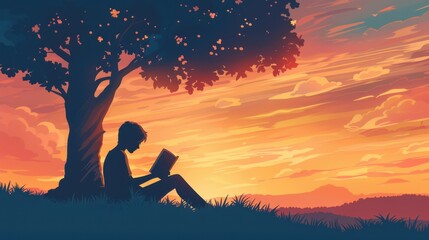 A silhouette of a person reading a book under a tree at sunset, capturing a moment of tranquility and imagination.