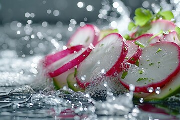   Radishes neatly arranged on table with knife and water glass nearby